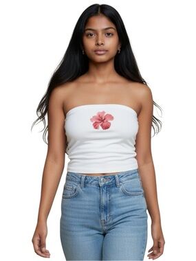 wild fable White Strapless Tube Top with Pink Floral Motif